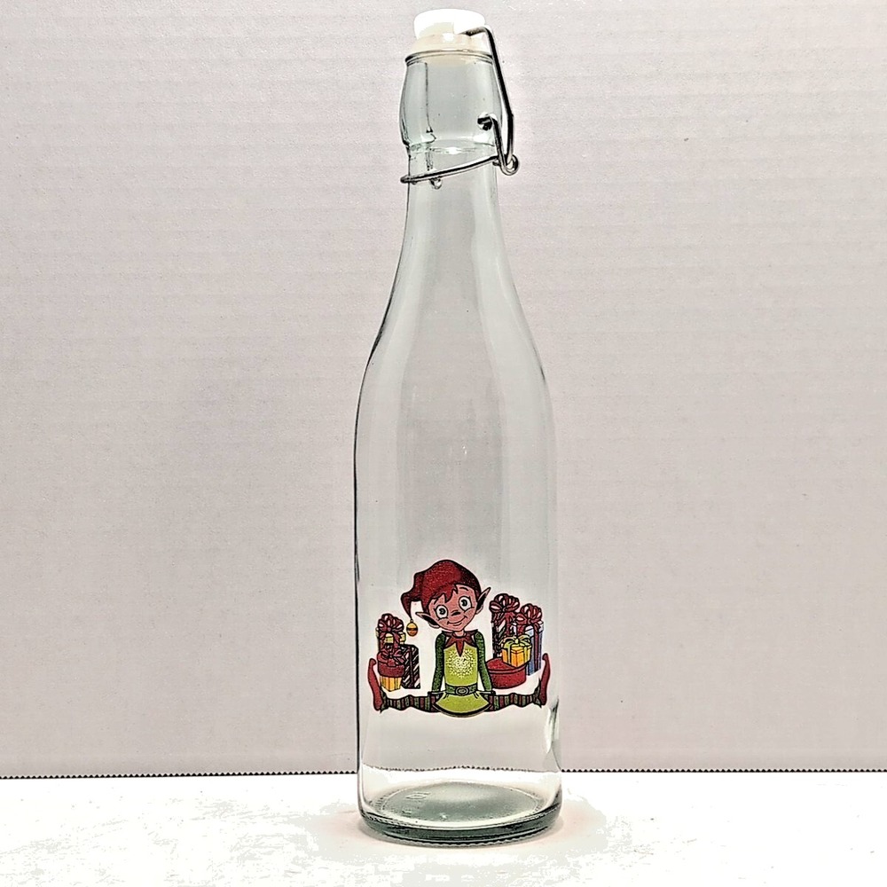 VTG Christmas Decanter‎ w/ Glass Elf & Xmas Presents Santa Gift Bottle Holiday